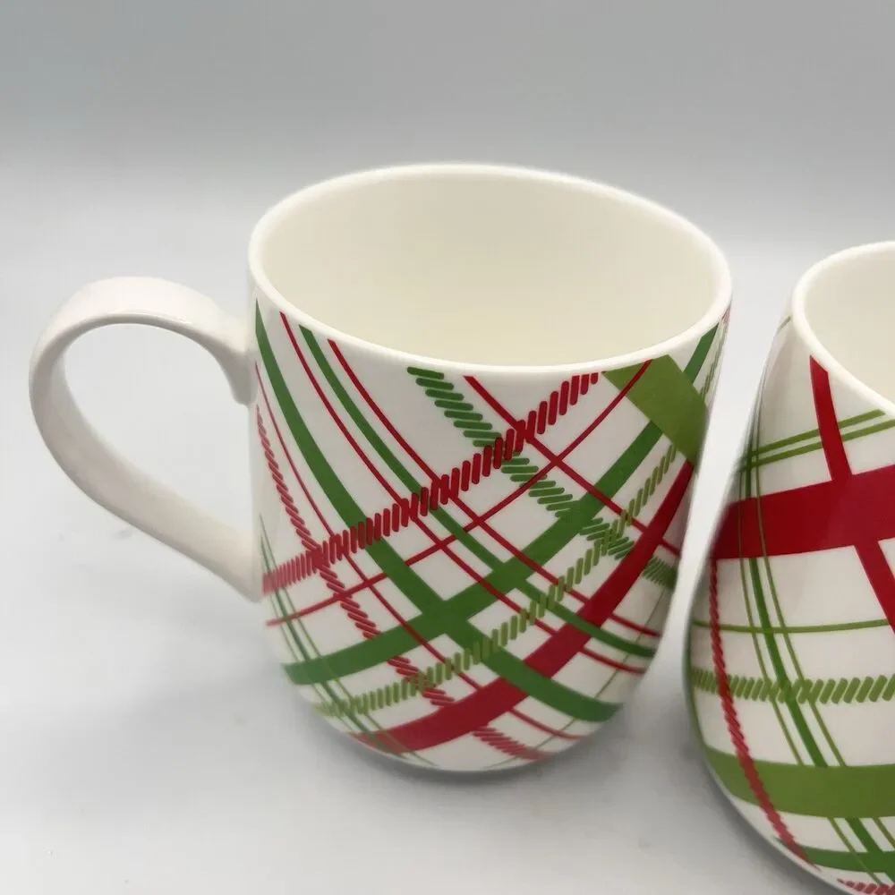 Crate & Barrel Red & Green Plaid Christmas Holiday Cups Mugs ~ Set of 2